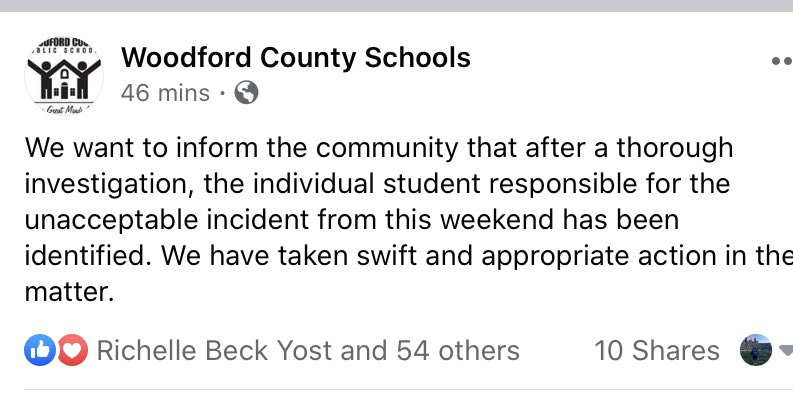 Woodford County Schools have found the individual responsible for the racial incident Friday night at WCHS.