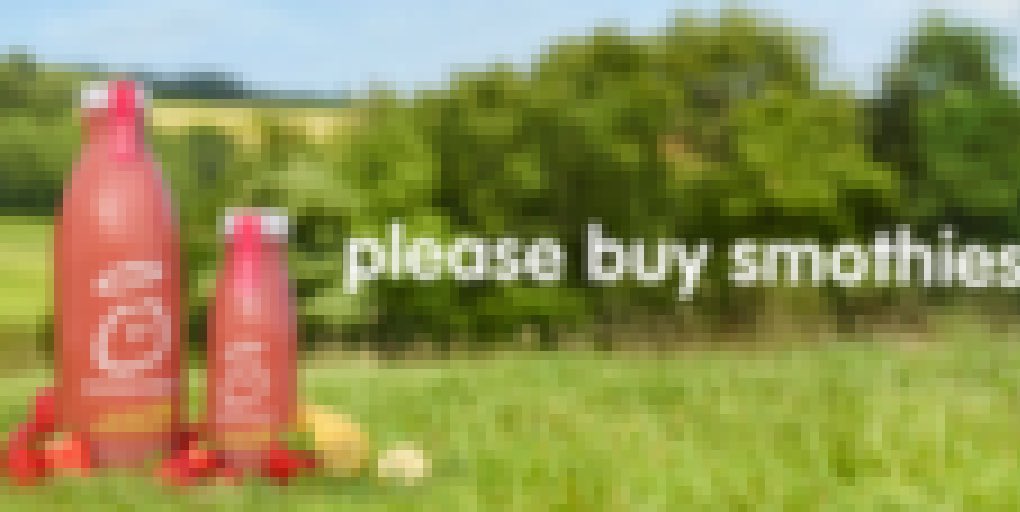 A very pixelated picture of one of our drinks, with the headline "please buy smothies"