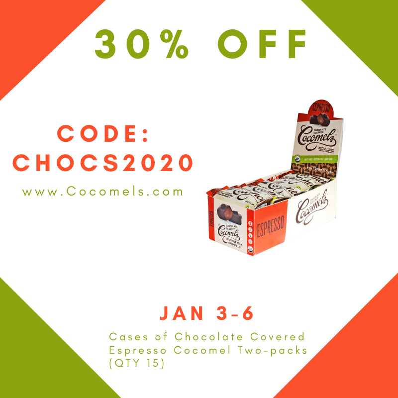 JJsCocomels's tweet photo. We still have a few cases of overstock of our Chocolate Covered Espresso Cocomel two-packs. If you order by the end of today you can snag a 30% discount on these boxes of 15 bars.
Use code: CHOCS2020 at checkout at https://t.co/tVV9YXk4tp https://t.co/9cMpf3axsL