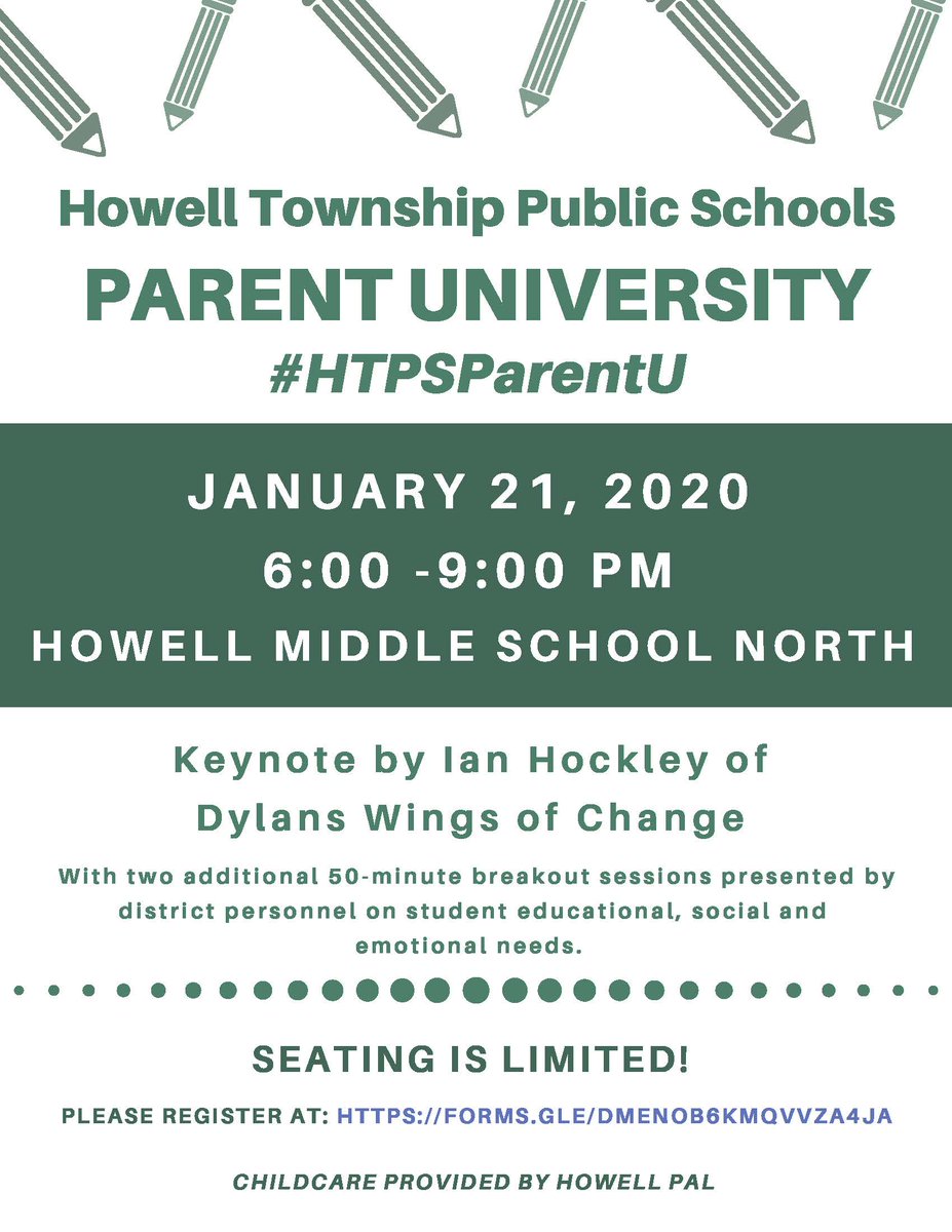 Howell Township K-8 (@howelltwpk8) on Twitter photo Please join Howell Schools for a Parent University on January 21st at <a href="/HowellTwpMSN/">Howell MS North</a>, beginning at 6:00PM with a keynote by Ian Hockey and breakout sessions by district and <a href="/HowellPolice/">Howell Police</a> personnel! SEATING IS LIMITED- please visit forms.gle/DMEnoB6KmqVvZa… to register! #HTPSParentU Please join Howell Schools for a Parent University on January 21st at <a href="/HowellTwpMSN/">Howell MS North</a>, beginning at 6:00PM with a keynote by Ian Hockey and breakout sessions by district and <a href="/HowellPolice/">Howell Police</a> personnel! SEATING IS LIMITED- please visit forms.gle/DMEnoB6KmqVvZa… to register! #HTPSParentU