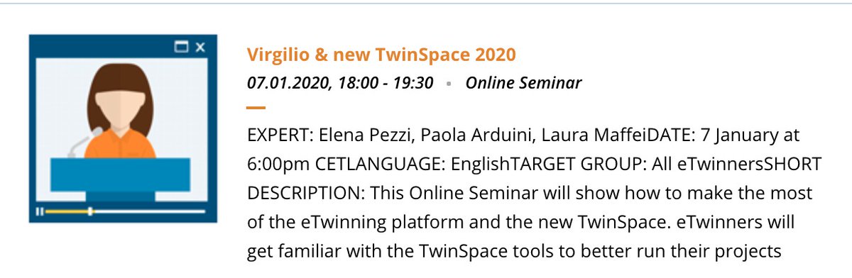 zerolalla's tweet photo. Are you ready for the FIRST #Virgilio webinar for 2020? Let's come back to school and to #eTwinning! "Virgilio &amp; the new TwinSpace 2020" on the 7th of January at 6 pm. We are waiting for you!
https://t.co/8o3sXeib40…/onlineseminar/102252 https://t.co/CIUVNHrFFl