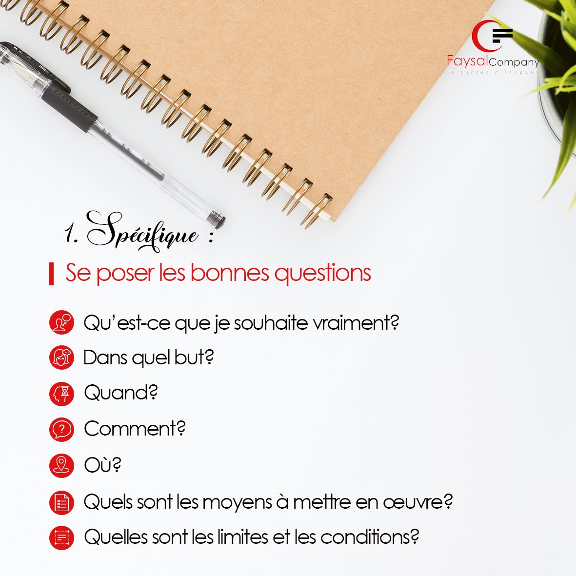 FaysalCompany's tweet image. Voici les 5 clés pour atteindre ses objectifs avec succès.
Aimerais-tu connaitre la méthode qui créée des objectifs de réussite ?

Et bien c’est la méthode S.M.A.R.T.

Maintenant, à toi de jouer, défini tes propres objectifs SMART.

#FaysalCompany #ObjectifsSMART #Success