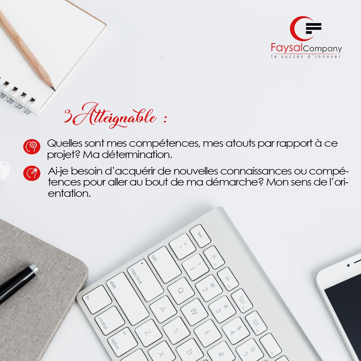 FaysalCompany's tweet image. Voici les 5 clés pour atteindre ses objectifs avec succès.
Aimerais-tu connaitre la méthode qui créée des objectifs de réussite ?

Et bien c’est la méthode S.M.A.R.T.

Maintenant, à toi de jouer, défini tes propres objectifs SMART.

#FaysalCompany #ObjectifsSMART #Success