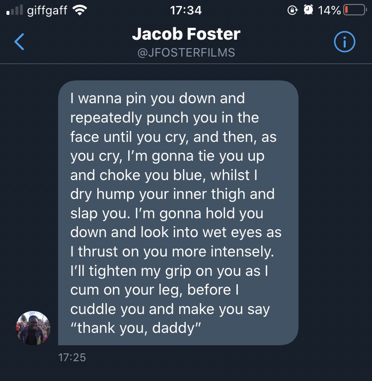 GRAPHIC LANGUAGE TW:maybe considering blocking  @JFOSTERFILMS , who thinks that sending these kind of messages to a sexual assault survivor is acceptable!
