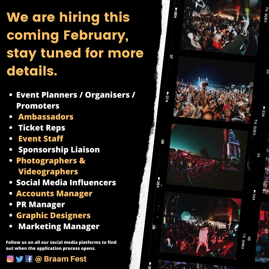 Braam_Fest's tweet photo. We are hiring this Febraury 2020.Stay tuned for more details on when the application process is opening.👍 "Creating Opportunities For The Youth" #BraamFest #BraamFest2020 https://t.co/bguEvhWMem