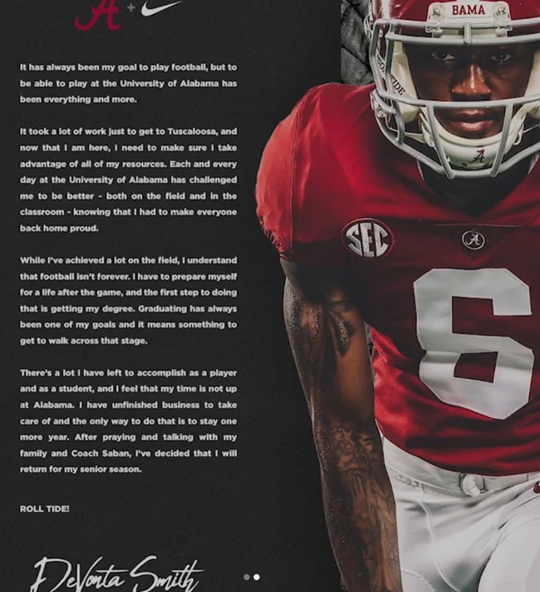CWsports's tweet photo. Alabama WR DeVonta Smith announces he will return for his senior season. 

"There's a lot I have left to accomplish as a player and as a student." https://t.co/WwpvdO3Dps