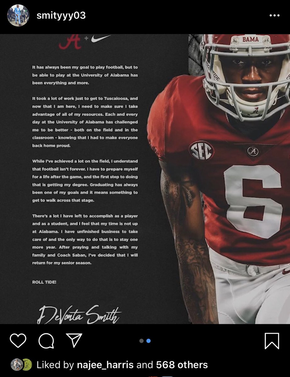 ClintRLamb's tweet photo. BREAKING: Alabama WR DeVonta Smith announces that he’ll return for his senior season, via his Instagram account. https://t.co/ChilXneVlD