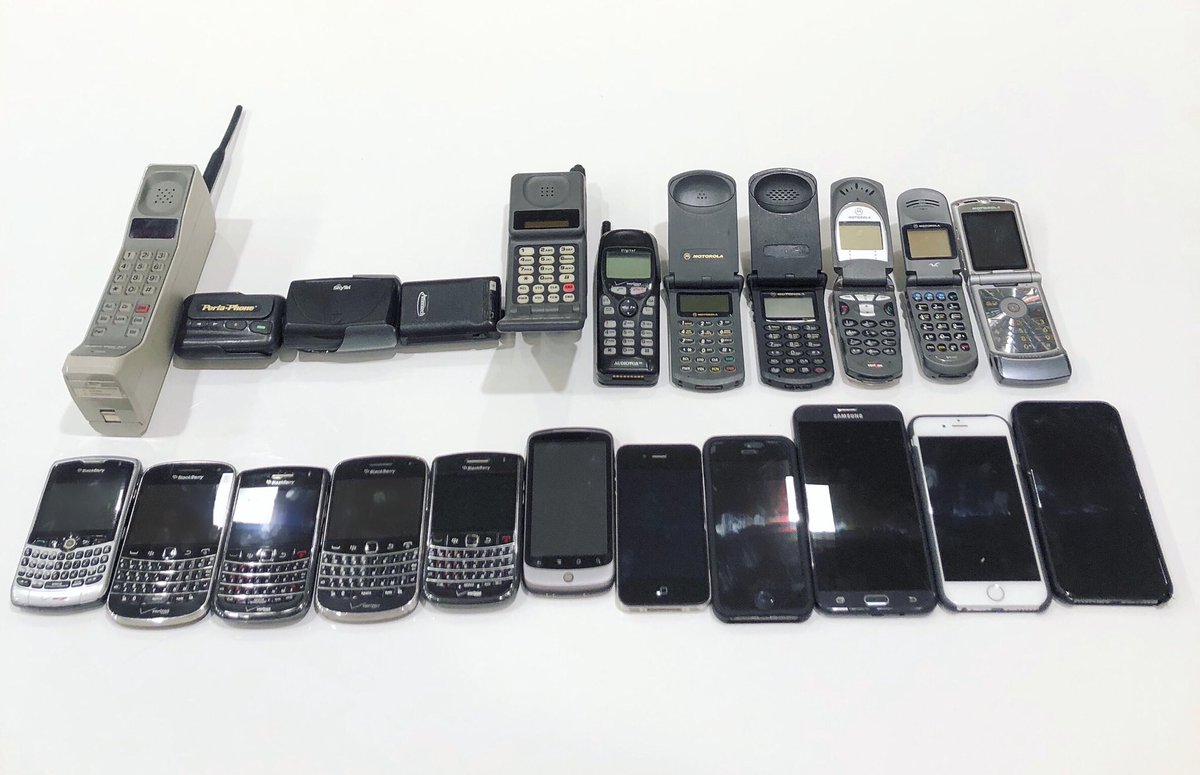 adMarketplace's tweet image. Today is #NationalTechnologyDay! 
Introducing the evolution of the cell phone, a collection kept by our CEO, Jamie Hill.
Can you remember the make of your first cell phone?📱