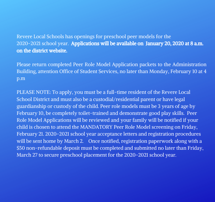 RevereLocal's tweet photo. Is your child ready for preschool? Revere will begin accepting applications for Peer Role Models, beginning January 20. Questions? Contact Alyssa Kochilla-Student Services Secretary-330-523-3123-akochilla@revereschools.org https://t.co/uP0p18aMg3