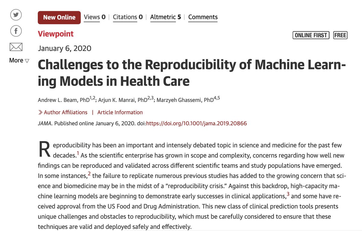 New viewpoint worth reading about reproducible machine learning by <a href="/AndrewLBeam/">Andrew Beam</a> <a href="/arjunmanrai/">Arjun (Raj) Manrai</a> <a href="/MarzyehGhassemi/">Marzyeh</a>. Reproducing machine learning models can be expensive (>1M$ just to rerun the algorithms) but vital before implemented in clinical practice

jamanetwork.com/journals/jama/…