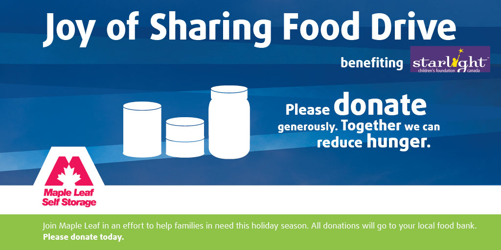 It's the final week! Help the <a href="/StarlightCanada/">Starlight Canada</a> #JoyofSharing #FoodDrive. Until Jan 9, donate non-perishable food items to one of our 14 locations in #BC and #Calgary. Our goal is 1k lbs of food. Help us help others #communitysupport