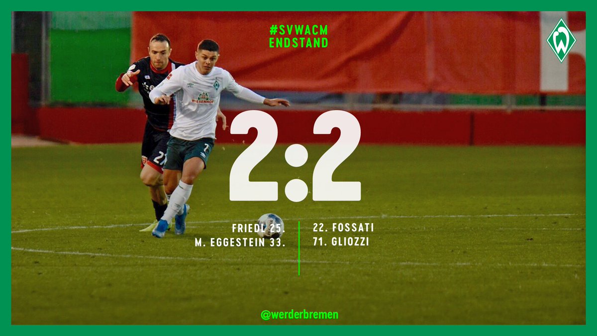 werderbremen's tweet photo. ⏱ 100. Min

Am Ende trennen sich #Werder und @ACMonza nach einem intensiven Test unentschieden.

⚽️ 2:2 #svwacm https://t.co/FN1kvXgAL5