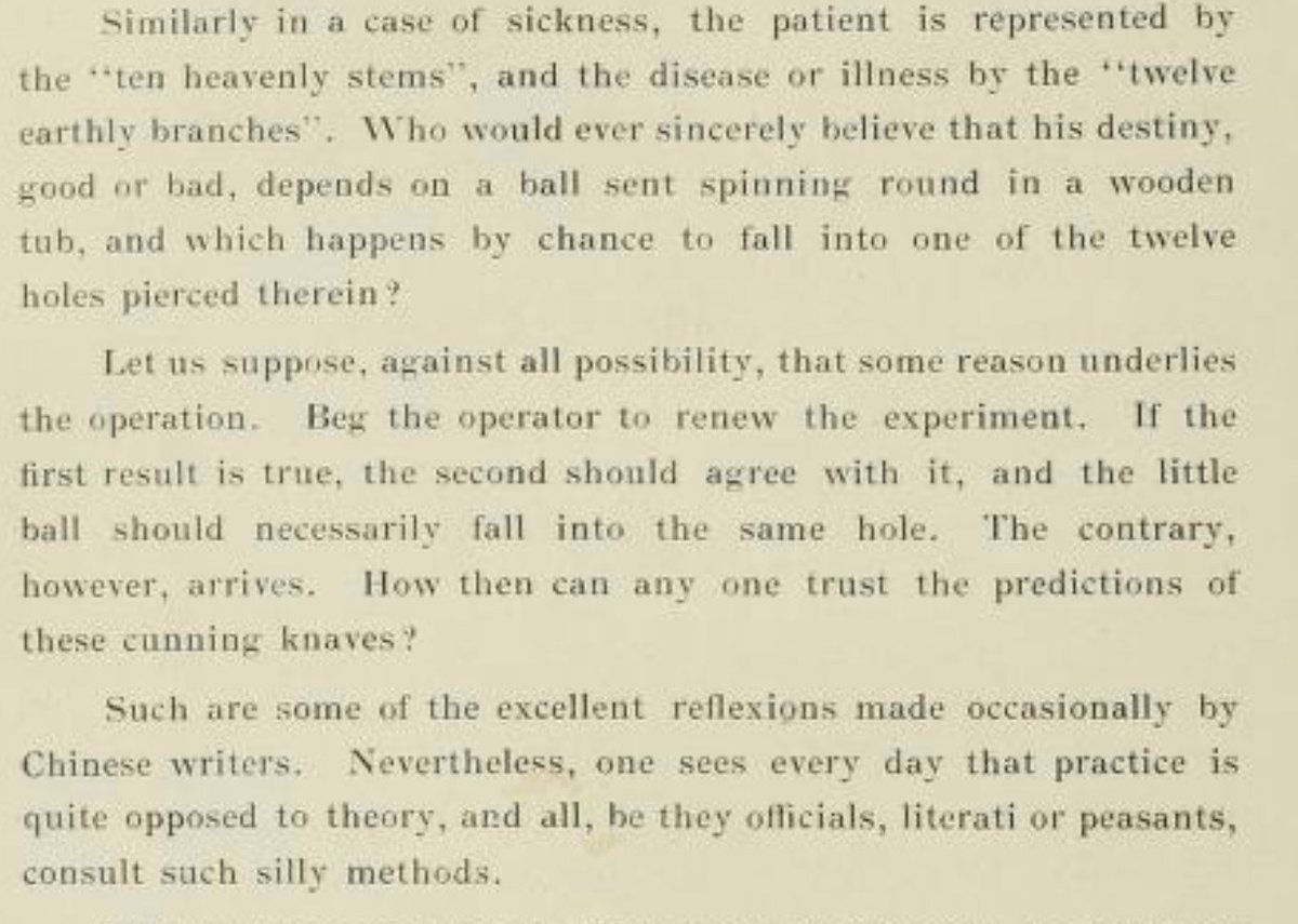 18g. As to why it is infuriating, let 1 eg suffice: it concerns a (now extinct) form of divination that involved rolling a ball around a tub with 12 compartments. The author comments "How then can anyone trust the predictions of these cunning knaves?"  https://archive.org/details/researchesintoch04dor/page/346