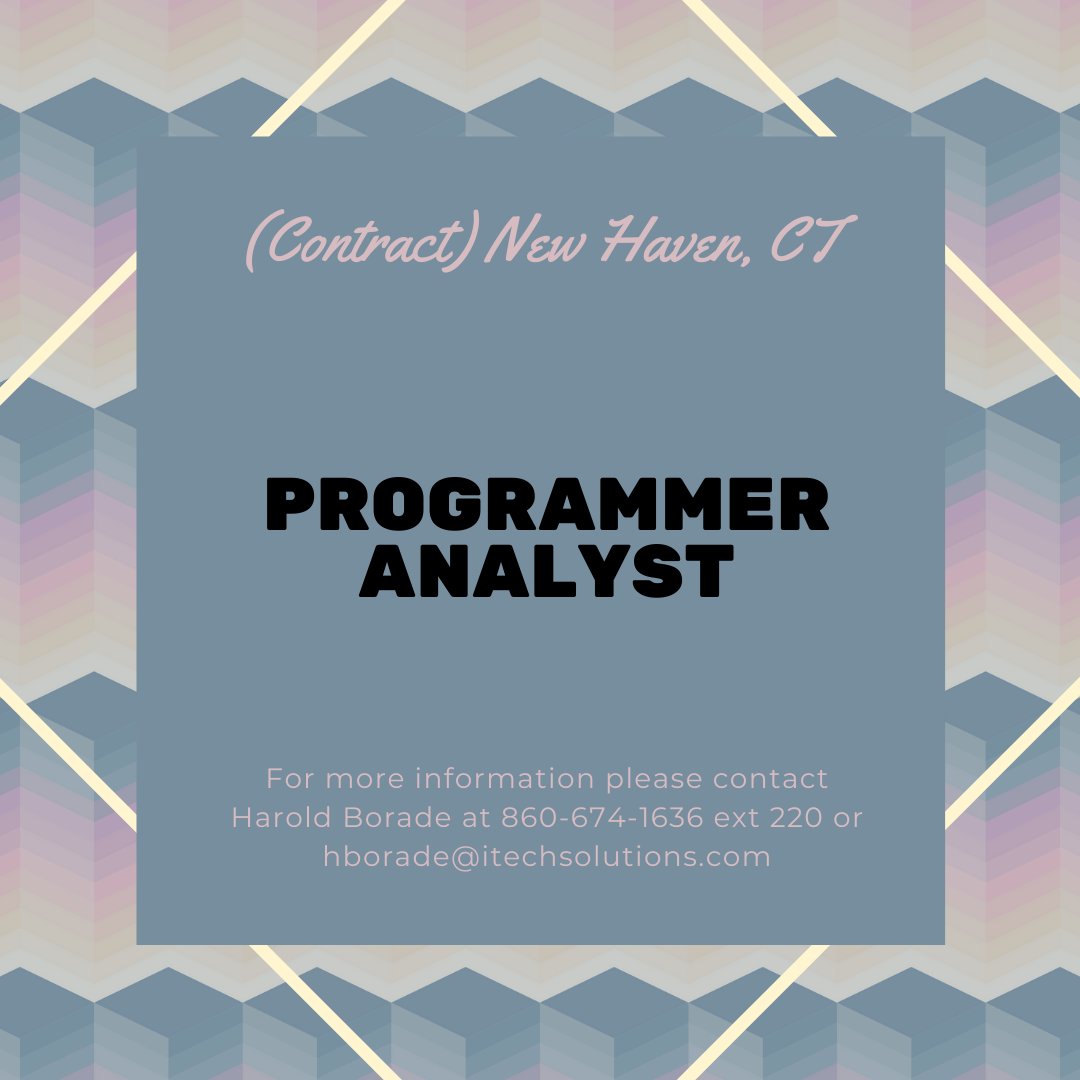 iTechSolutions_'s tweet image. We have an opening for a Programmer Analyst for a Contract position in New Haven, CT
Click Here: bit.ly/2ZMdcNz
#ProgrammerAnalyst #businessanalytics