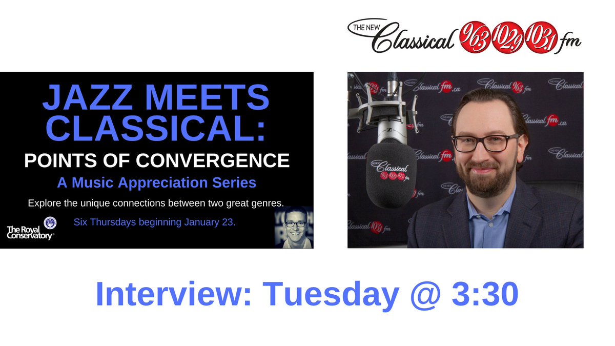 I'll be on @classical963fm Tuesday afternoon with @MWigmore talking about my upcoming #JazzMeetsClassical music appreciation series @the_rcm.

Listen here: classicalfm.ca

Series info: bit.ly/JazzMeetsClass…