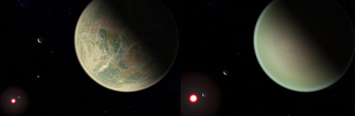 Side by side artist's concept images of an exoplanet system with water in its atmosphere, shown more clearly, than one without. 