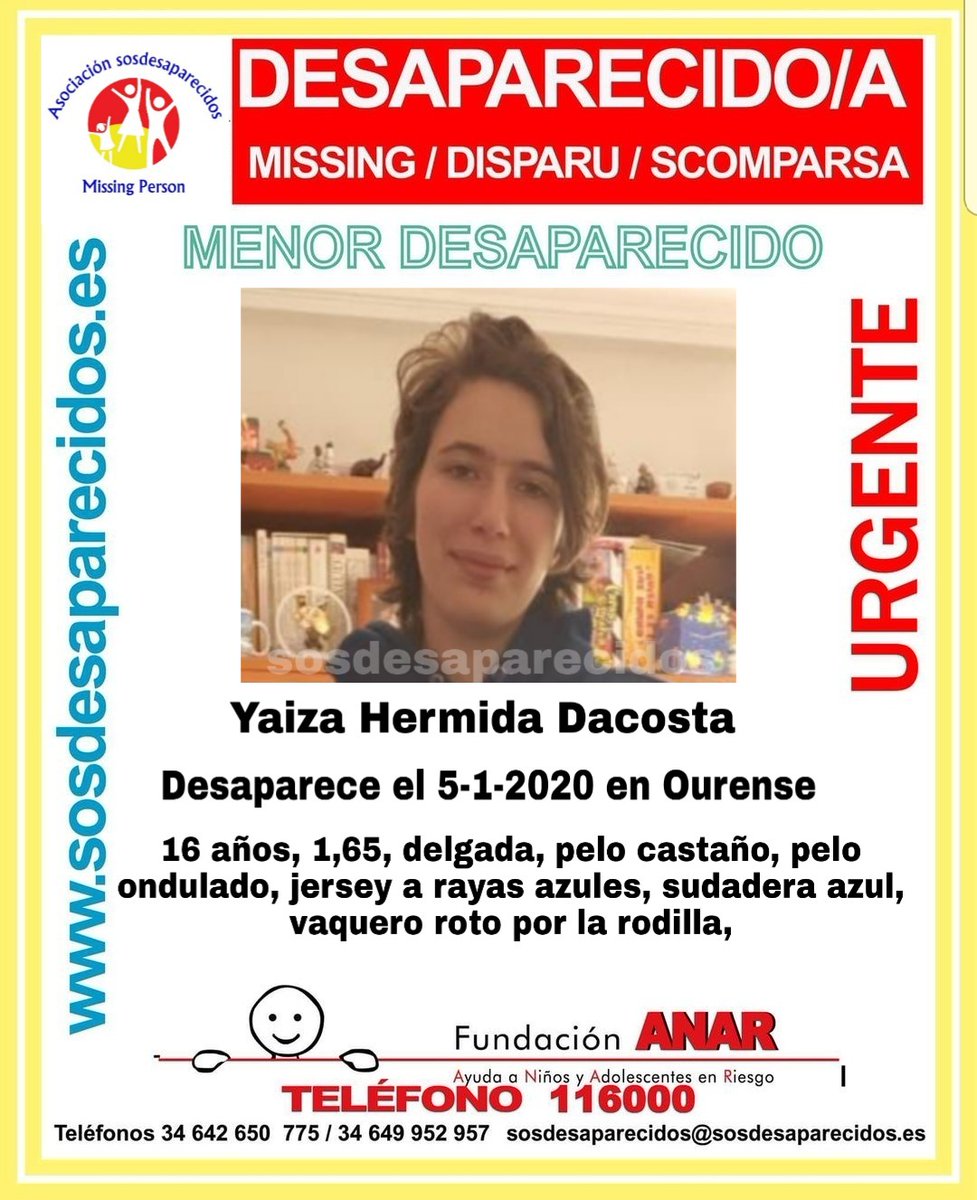 🆘️ #MUYURGENTE ⚠️
Esta es Yaiza, una menor que ha #desaparecido en #Ourense
¿La has visto?
☎ 062
☎ 112
☎ 091
#Colabora, tu RT es muy importante