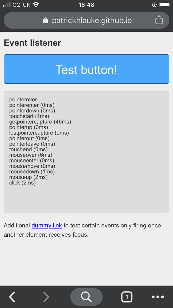 event listener results, showing various events (pointerover, pointerenter, ... touchend ... click) and their relative timing