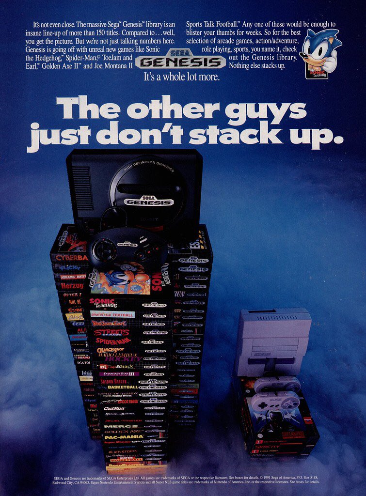 Not to get all Nintendo fanboy here, but the SNES library (across all regions) ended up being nearly double the Genesis’. Still, a moderately effective ad representative of the console wars climate of the day.