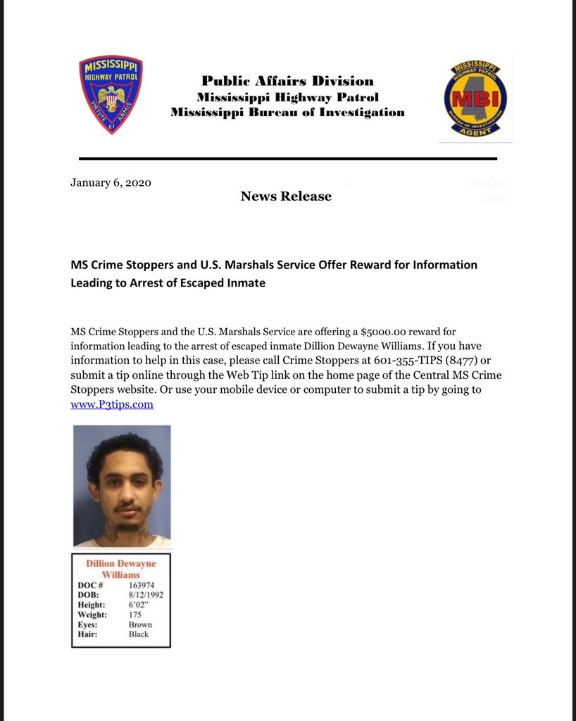 MDPSMBI's tweet image. MS Crime Stoppers and U.S. Marshals Service Offer Reward for Information Leading to Arrest of Escaped Inmate: