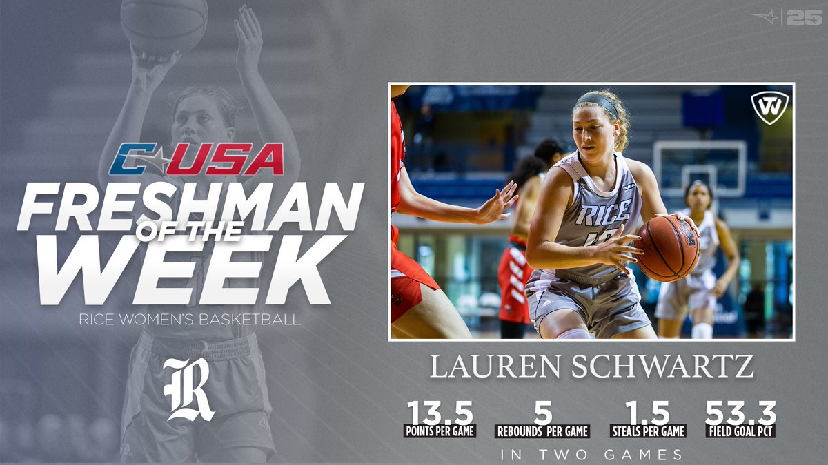 ConferenceUSA's tweet image. 📢: Congratulations to @RiceWBB’s Lauren Schwartz, #CUSAWBB Co-Freshman of the Week presented by @towbrand! 🏀

🏅2️⃣ | #TheCUSAWay