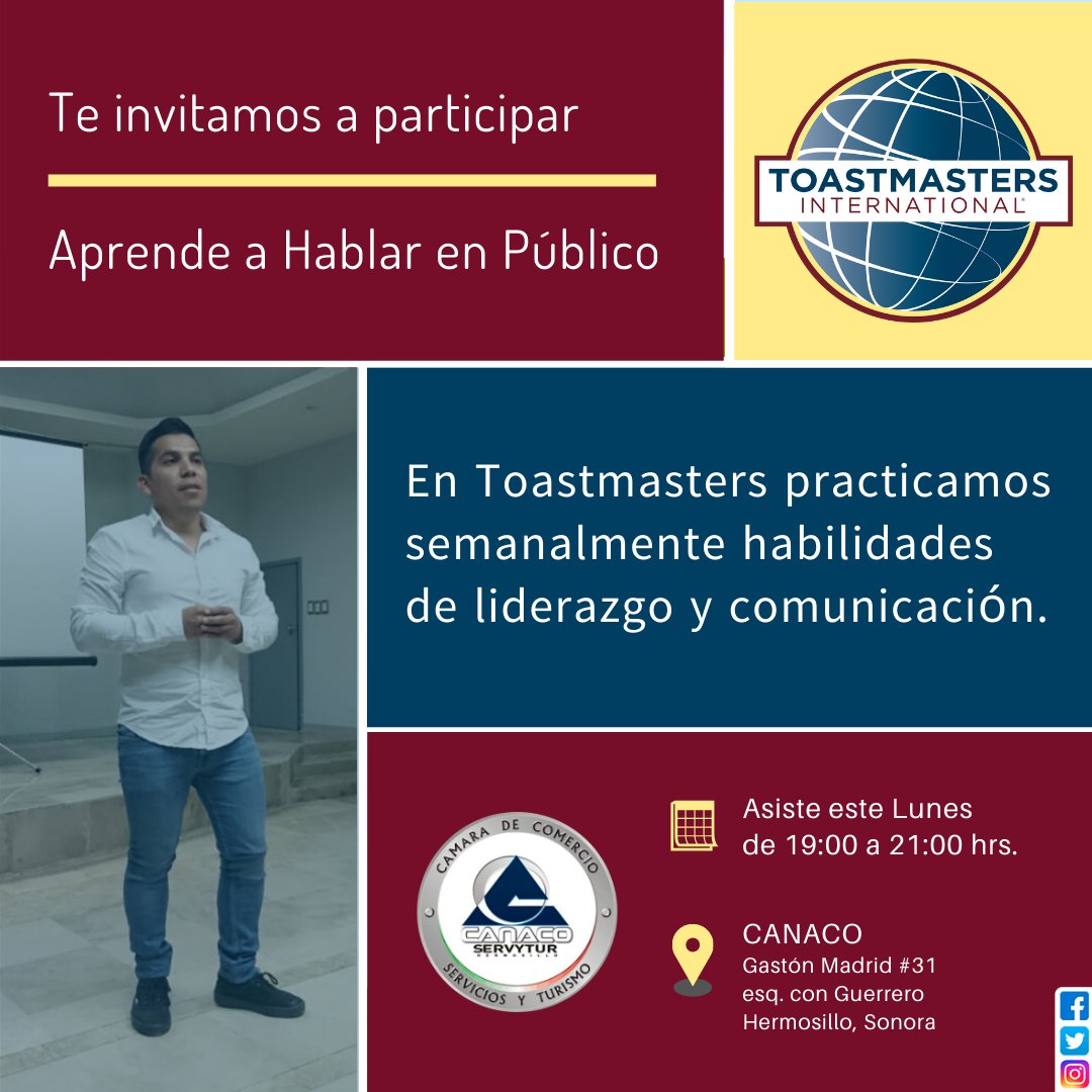 ¿Te interesa incrementar tu confianza al hablar en público?

En Toastmasters desarrollarás habilidades de comunicación.

⚠️ Asiste sin costo

🗓 Lunes 6 de Enero 2020
⏰ De 7:00 PM a 9:00 PM
📍 En @canacohermosillo - Av Gaston Madrid 31 esq. Guerrero

Necesario agendar visita