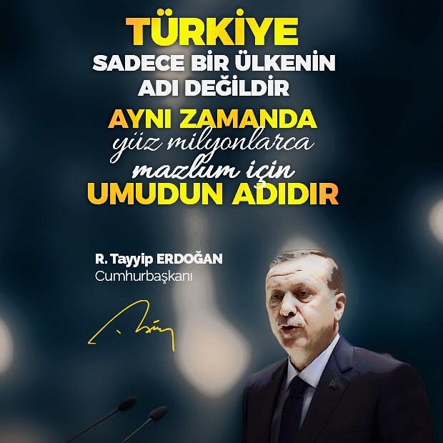 Müslümanı Müslümana kırdrma projesi tümCanlılığyla acımaszlığıyla görlüyor BuOrtamda bizeDüşen Müslümanları uyarmaya devamEtmelyiz
İslam alemin gözü TürkiyeninÜzerndedir Bizlere ağlayrak yükldikleri yükÇok fazla Müslümanlarn umudu unutmyın Türkiyedir
R.T.Erdoğan

#ÜmmetinUmuduyuz