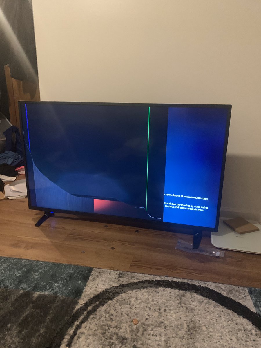 funk_luke's tweet photo. @amazon and @BestBuy — I bought this tv and when I turned it on for the first time this is what I saw. Neither of you seems willing to fix the problem. Just send me a new tv. It’s clear this one is broken and beyond repair. Don’t tell me to “buy a new one” #CustomerService #help https://t.co/dI6wryR9Dm
