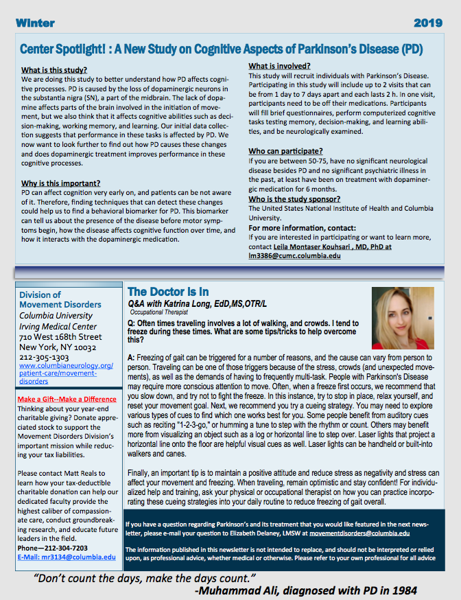 KatrinaMLong's tweet photo. I'm happy to share my tips for dealing with episodes of #freezing of gait for people with #Parkinsons in the quarterly @ColumbiaMed Parkinson Newsletter “The Doctor Is In Q&A” section. To find previous newsletters, visit: https://t.co/H5KYdhZpb0
#OccupationalTherapy #OT #OT4PD https://t.co/bz51jYhZIk