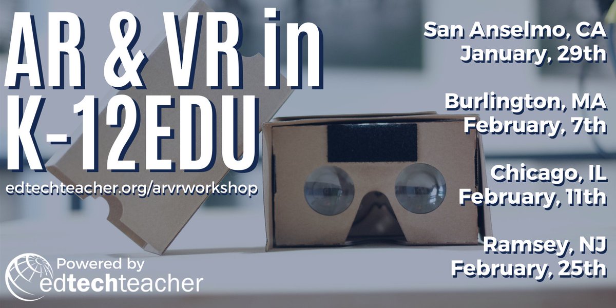EdTechTeacher21's tweet photo. If you are looking to explore the impact and role that #virtualreality and #augmentedreality can plan in education, join us at an upcoming workshop in CA, MA, IL & NJ
https://t.co/KBJW9PwzMs
#caedchat #maedchat #iledchat #njedchat https://t.co/2LB4vnXlZa