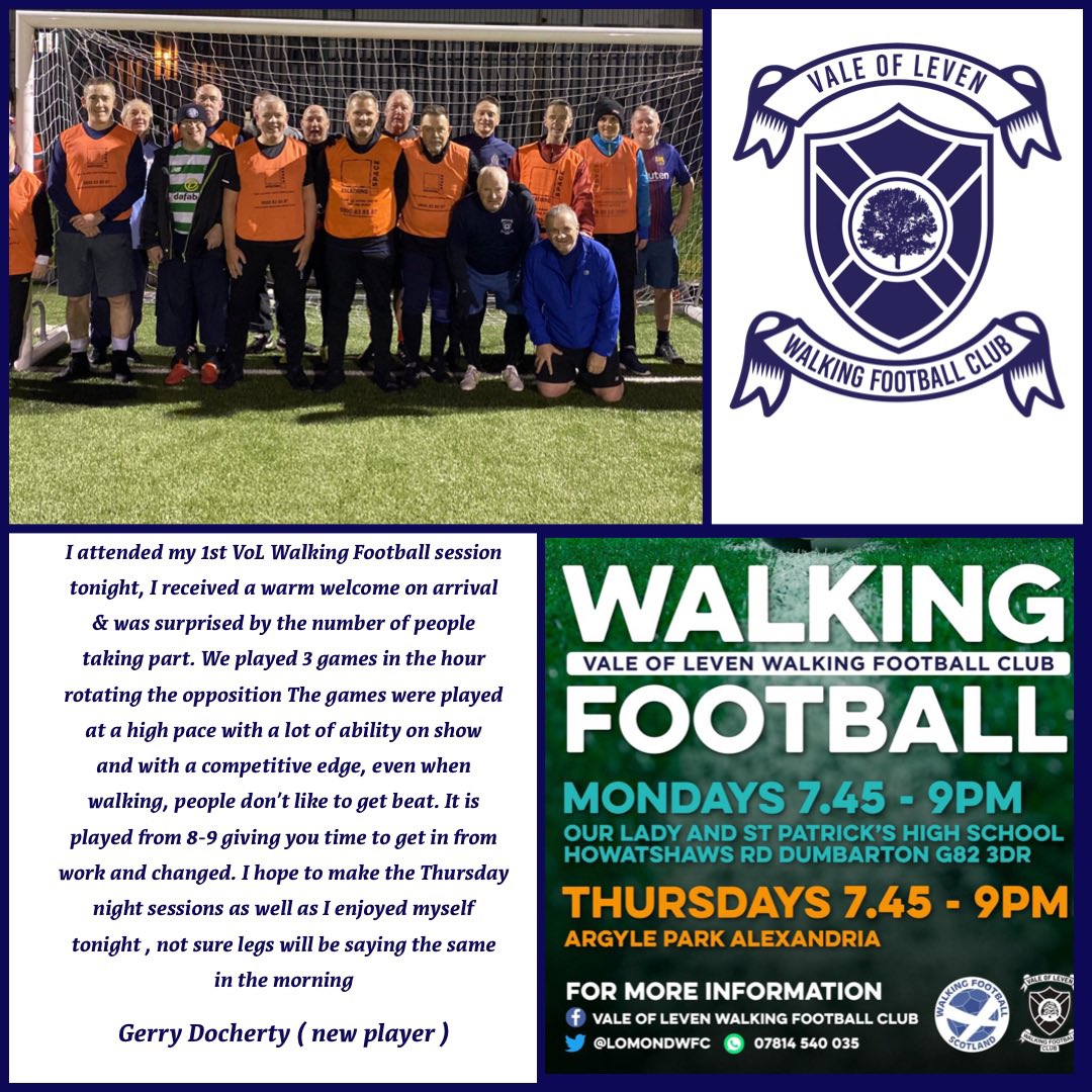 VOLWalkingFC (@lomondwfc) on Twitter photo 3 new players turned up to play walking football at our session tonight. We had a total of 29 players, which meant 3 teams of 7 & one of 8 playing a round robin fun tournament for an hour outside in January on the AstroTurf <a href="/OLSPHigh/">OLSP</a> <a href="/MHCycleforScot/">Tony</a> <a href="/ValeofLeven/">Vale of Leven FC</a> <a href="/WalkingFootScot/">Walking Football Scotland 👣⚽️</a> 3 new players turned up to play walking football at our session tonight. We had a total of 29 players, which meant 3 teams of 7 & one of 8 playing a round robin fun tournament for an hour outside in January on the AstroTurf <a href="/OLSPHigh/">OLSP</a> <a href="/MHCycleforScot/">Tony</a> <a href="/ValeofLeven/">Vale of Leven FC</a> <a href="/WalkingFootScot/">Walking Football Scotland 👣⚽️</a>