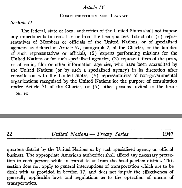 APGovernment's tweet photo. The U.S. administration has denied a travel visa to Iranian government officials traveling to the United Nations.

Use these excerpts from the UN Headquarters Agreement to evaluate if the US Government is within the agreement.

From @UN https://t.co/E7neJ1xNkf

#hsgovchat #APGov https://t.co/8ctufLyj4A