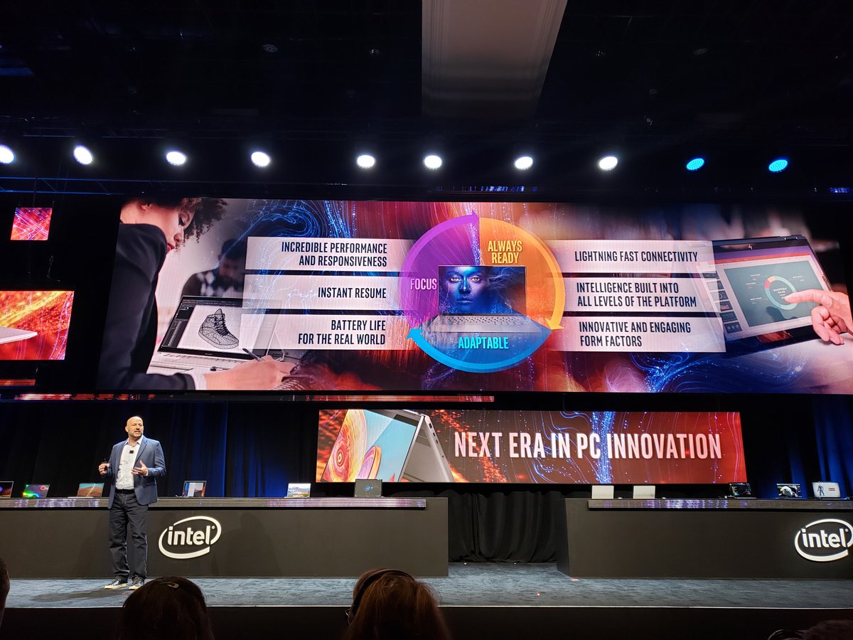 alexiscrowell's tweet photo. Innovation in laptops through Project Athena: foldable screens, 16hr of video playback, near instantaneous wake up, and even using plastic recycled from ocean waste! #CES2020 #iamintel https://t.co/nGkkuDppC2