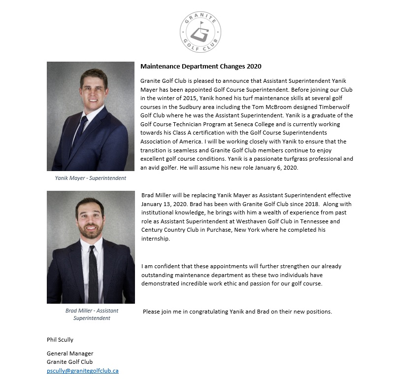 Granite Golf Club appoints new Superintendent and Assistant Superintendent.  #ggc2020