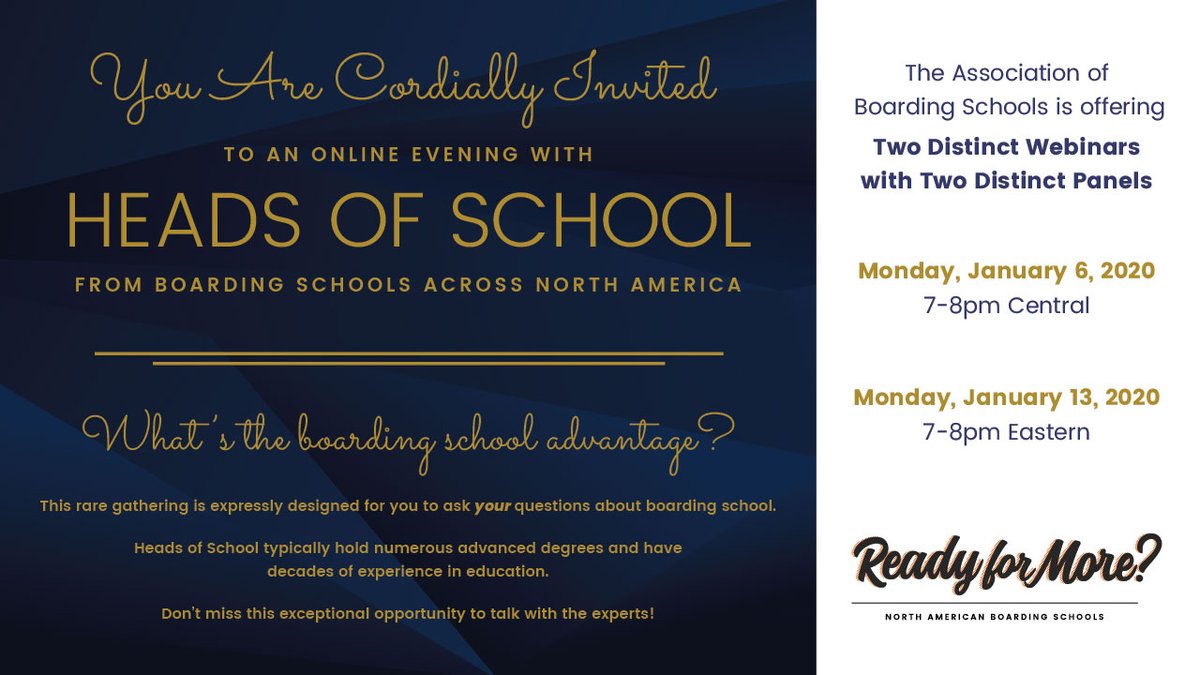 Today’s the day! Join us for the first of two interactive webinars featuring two different panels of School Leaders.

See how a boarding experience can tap into your child’s incredible potential. —> bit.ly/HeadsofSchoolW…