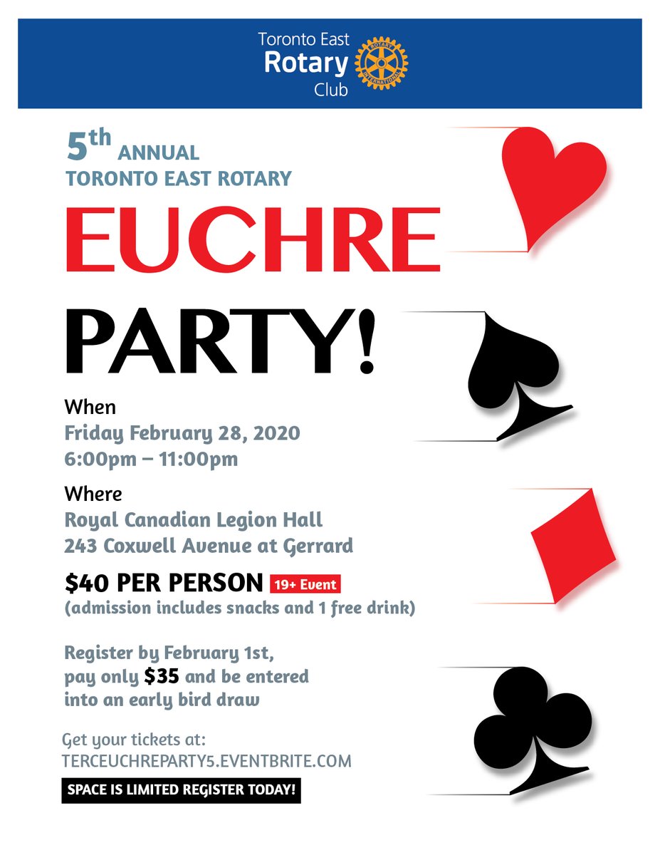 te_rotary's tweet photo. Great new poster for our 5th Annual Euchre Tournament. In addition to playing euchre, there will be some delicious food from The Ellery on Danforth, a great silent auction and a chance to win 50/50 draw. Lots of fun and all in support of community projects. Hope to see you there. https://t.co/7HkeHnRbm8