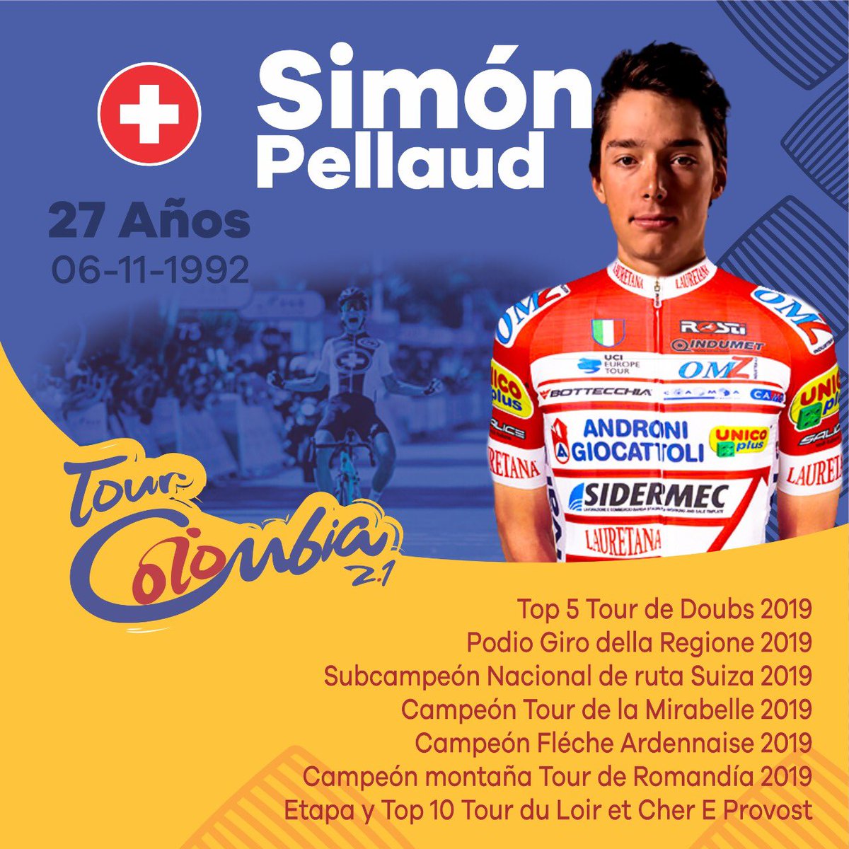 TourColombiaUCI's tweet photo. ¡Bienvenido a casa! Por tercer año consecutivo el suizo @PellaudSimon nos acompañará en el #TourColombia2020.
¡Te esperamos campeón! 🇨🇭 https://t.co/yqqo6k9Nad