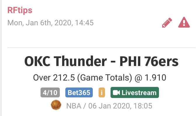 FtipsR's tweet image. Aquí un pick para la #NBA 

#ThunderUp vs #PhilaUnite over 212.5 puntos 
Momio: 1.91
Porcentaje: 4%