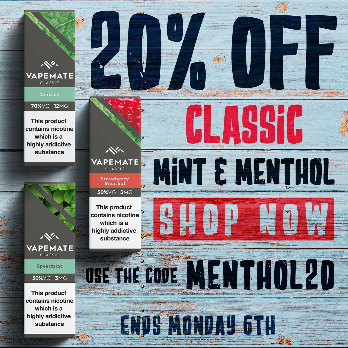 VapemateUK's tweet photo. Don't miss out, just an hour or so left of our latest offer!
20% off Classic Mint and Menthol - https://t.co/CkdPvxdnPo π
#VapeOffers #CheapEliquid #VapeDeals https://t.co/MaYy2uJVHa