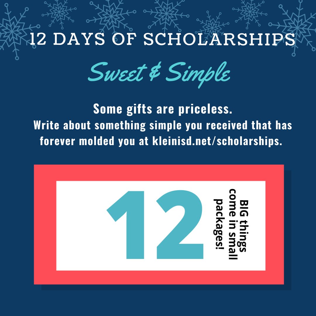 It’s the last day of our 12 Days of Scholarships! We hope that you found tons of scholarship opportunities on kleinisd.net/scholarships. Today’s scholarship is just a simple response to a question (250 words or less) for a chance to win $1,500! Don’t wait… apply today!