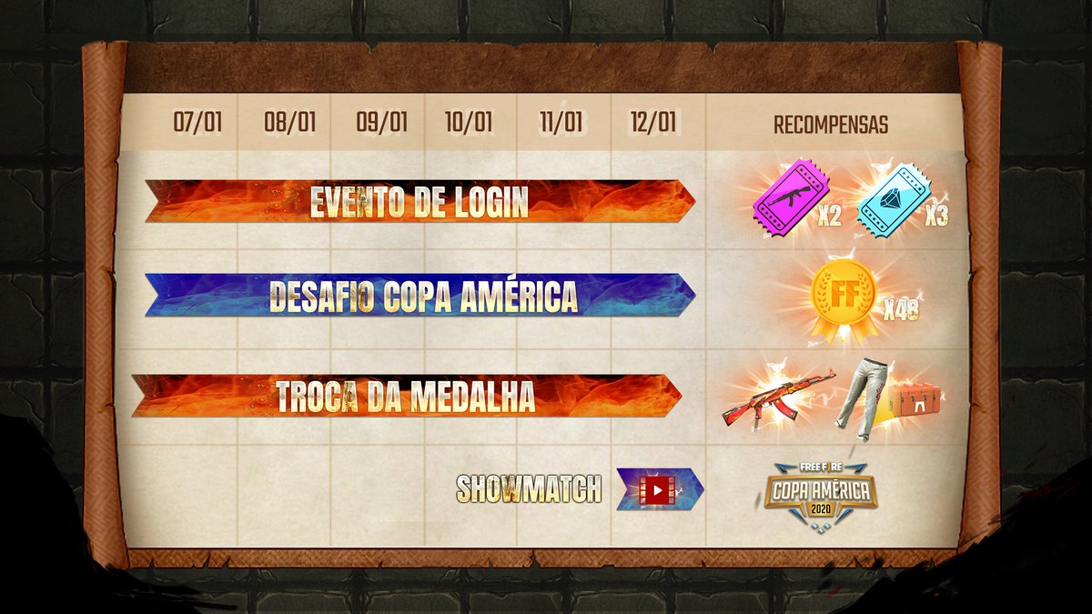Amanhã vai começar eventos da Copa América! Fica esperto no cronograma 🗓

☑ Evento de Login: Ganhe Tickets do Sorte Royale
🏅 Colete Tokens
🌟 Troque por skins

No dia 11 de Janeiro teremos a #CopaAméricaFF diretamente do México! 🇧🇷