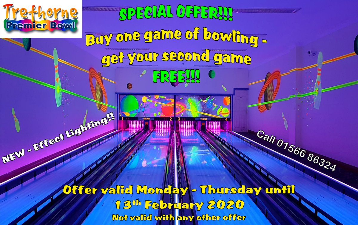 **Bowling Special Offer is back!!**
Check dates and details below and call 01566 86324 to book your lane :)