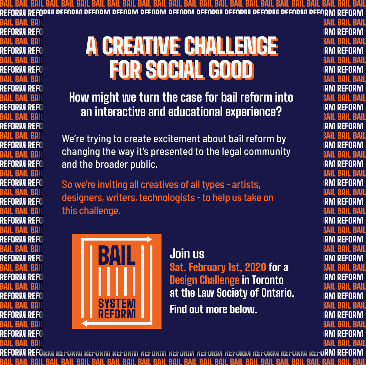 Calling creatives of all types: artists, designers, and more! Help us discover new, creative ways to generate support for bail reform. 

Join us on Feb 1 for a 1-day design challenge. It's free to attend but space is limited. 

Visit lawdesigncolab.ca/bail-reform for details
