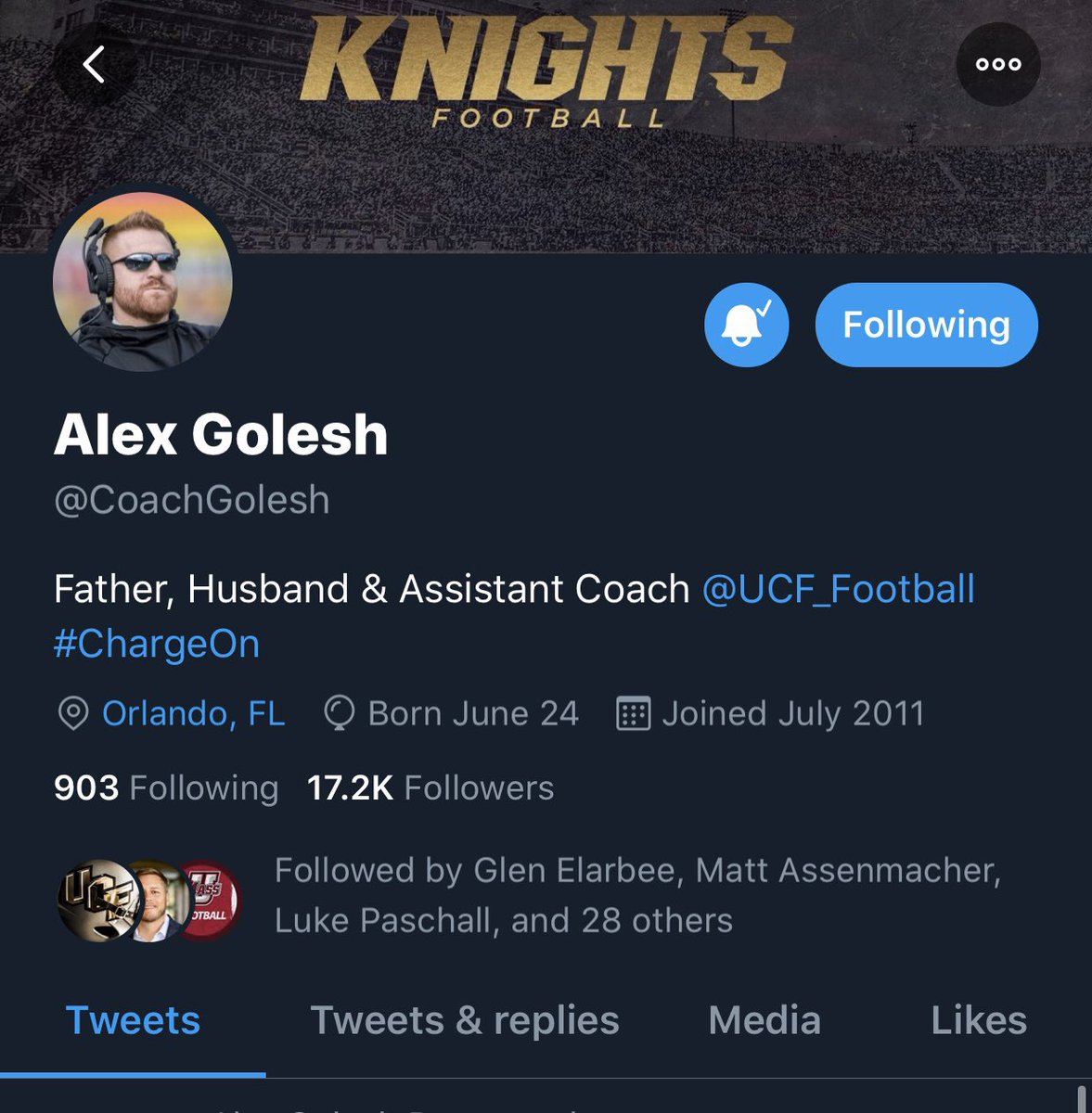 UCFKnightNews's tweet image. .@CoachGolesh has updated his Twitter — he lists his position as #assistantcoach of @UCF_Football, not #offensivecoordinator as previously reported by @DMRegister.

Check back for updates.