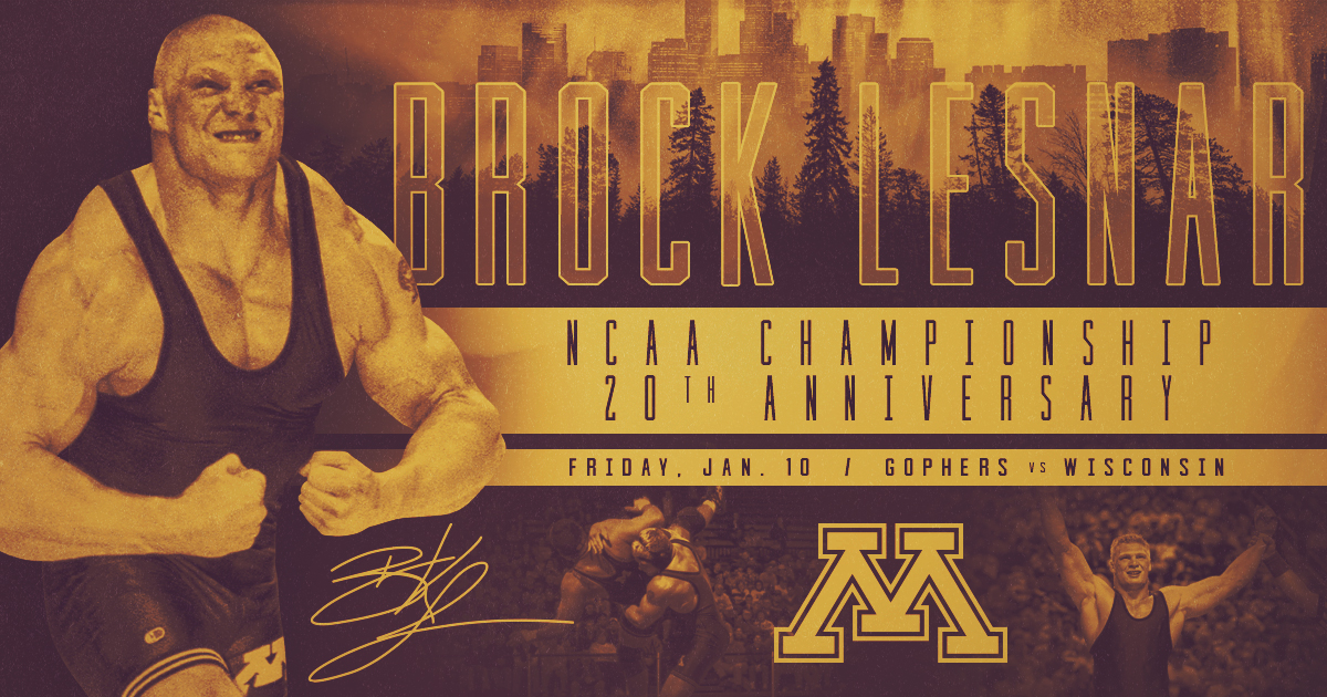 GopherWrestling's tweet photo. BROCK PARTY 💪

WWE and UFC Champion Brock Lesnar is set to join the #Gophers on Friday as an honorary coach while the program celebrates the 20th anniversary of his 2000 NCAA Heavyweight Title! 

〽️: https://t.co/RdJgaykKSL https://t.co/44uNZKvgc6