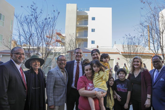 Mayor Eric Garcetti and local elected officials celebrating with the Catzin family