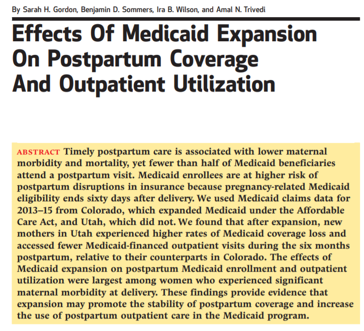 SarahHallGordon's tweet photo. Out today in @Health_Affairs: We found that Medicaid expansion was associated with better postpartum Medicaid retention and higher utilization of outpatient care in the six months after delivery. https://t.co/UV3WFLvfRU