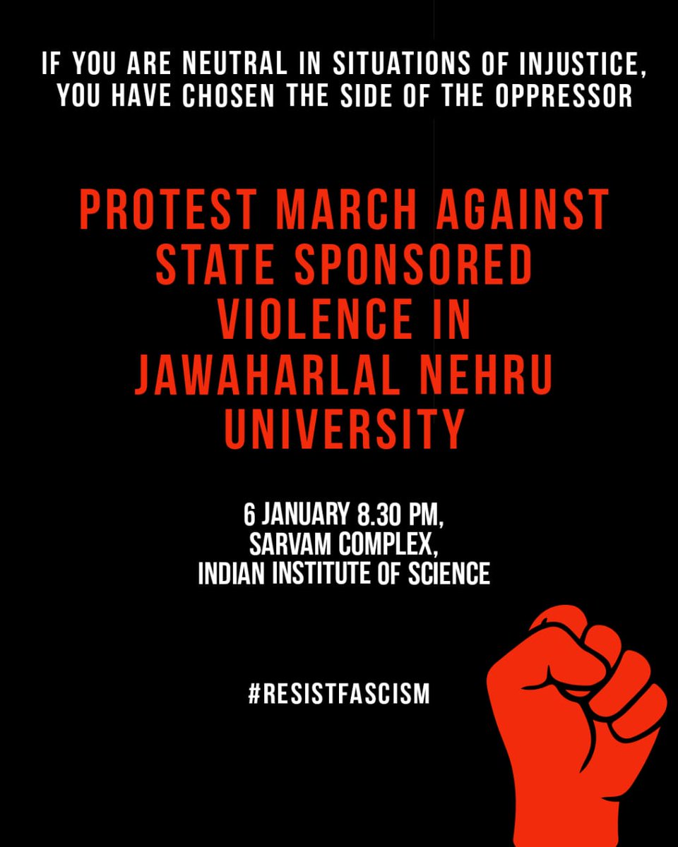 IISc, NIAS, NCBS &amp; TIFR, four of the premier institutes of Bangalore came together today to protest against the state sponsored attack on JNU led by ABVP and aided by the college administration.

In solidarity with @JNUSUofficial in their fight against fascism ✊🏾