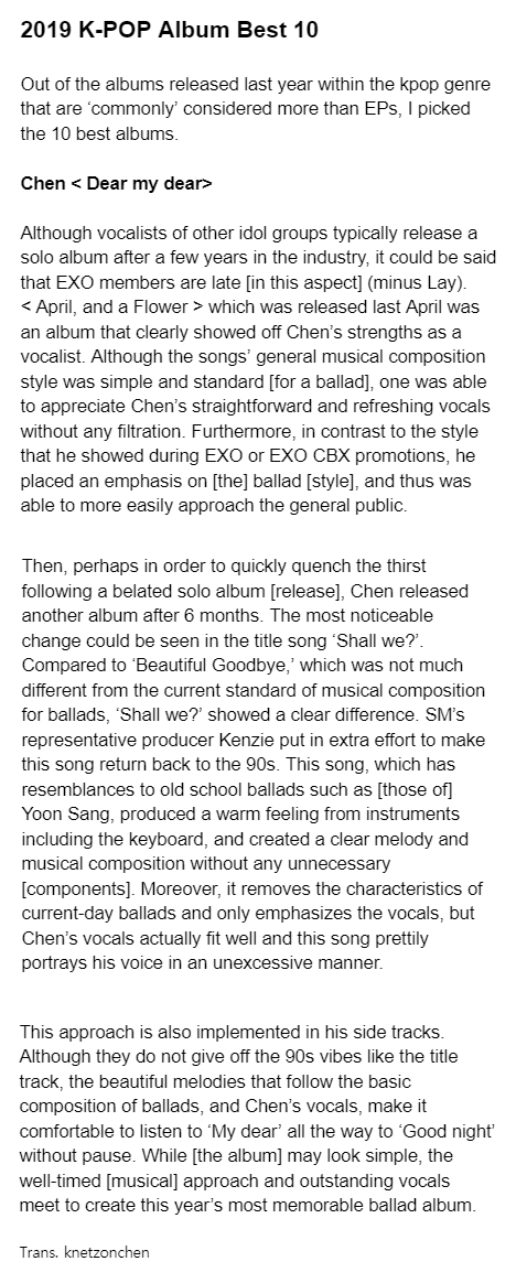 200106 Brunch Magazine "2019 K-POP Album Best 10" 

#CHEN's < Dear my dear > was picked! 

Link: brunch.co.kr/@johnnybluessy…