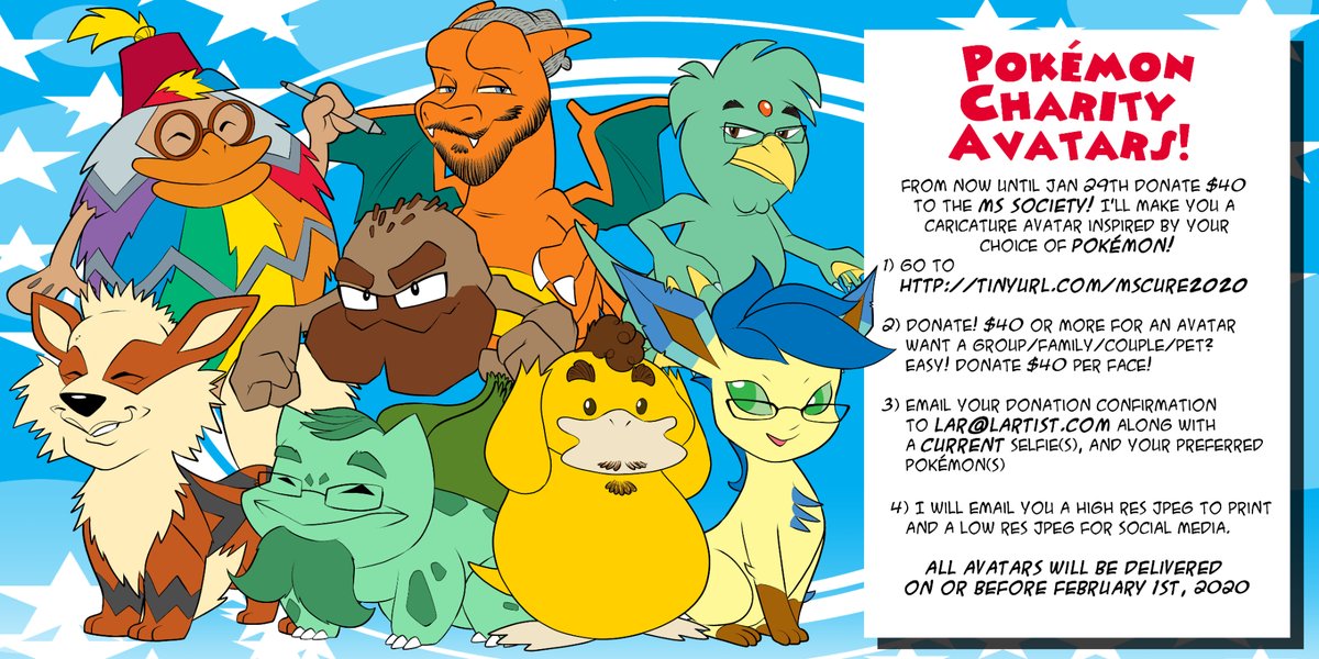 lartist's tweet photo. IT BEGINS AGAIN!! Avatar fundraising for the MS Society! January is  for POKÉMON! Get a Pokémon style avatar with your $40 donation to MS research. Details in the jpeg! Link: https://t.co/DKTtOxR25P 
Together we can cure MS! https://t.co/VCqdPKnF4q